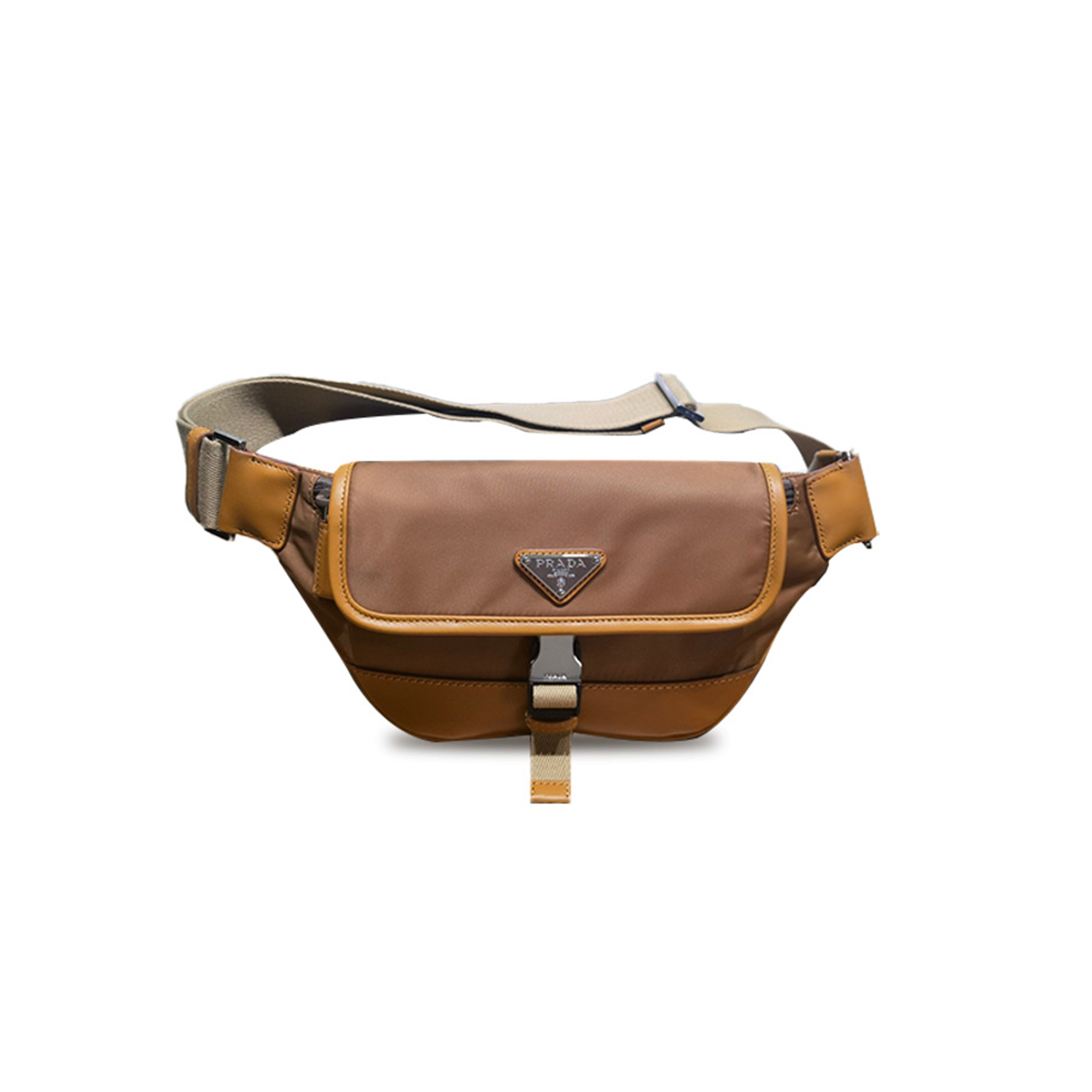 Pra*a military caramel re-nylon and leather shoulder bag 2vh176 (18*15*5cm)